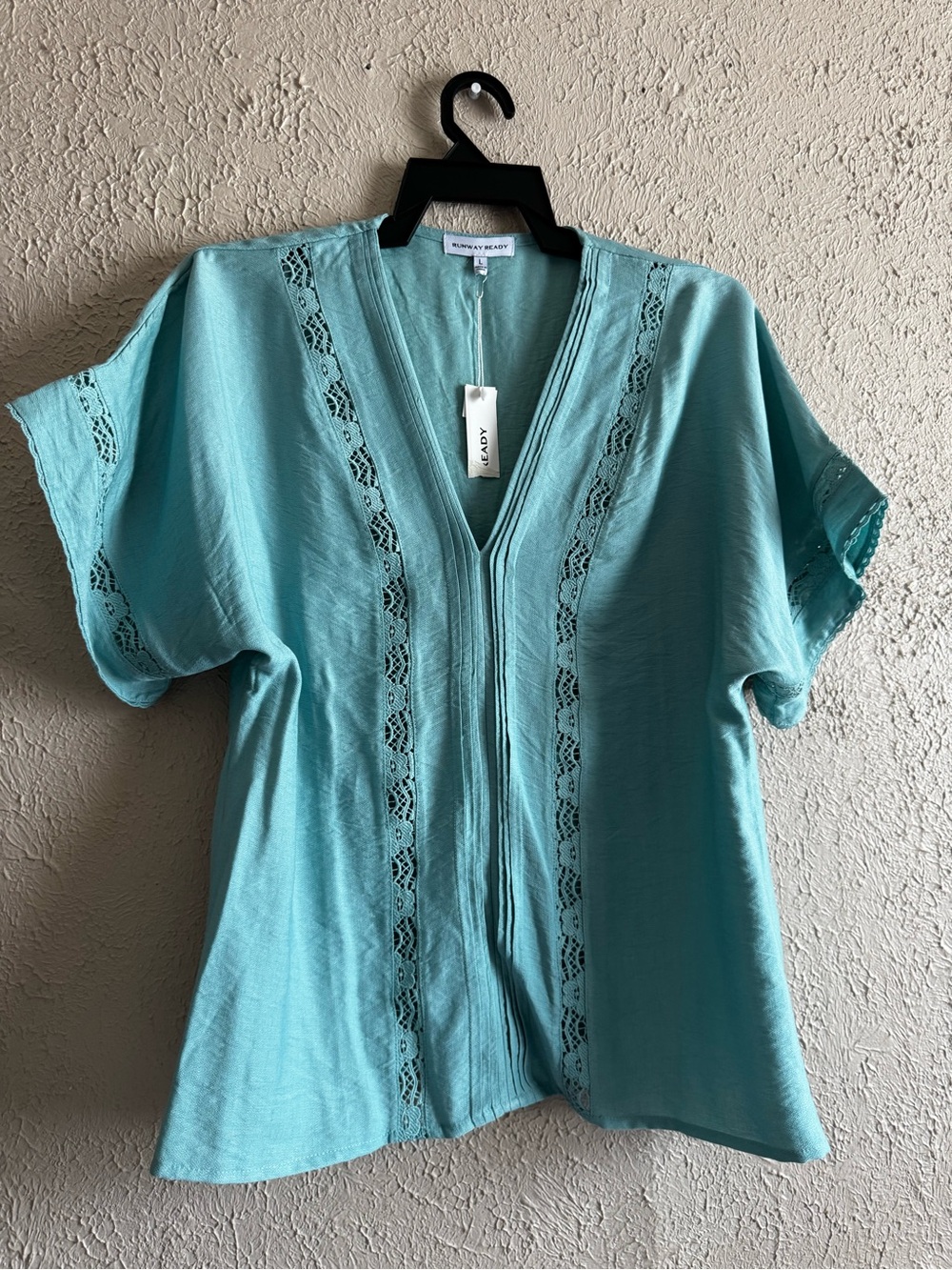 Maurices Aqua V-Neck Lace-Trim Short Sleeve Tunic